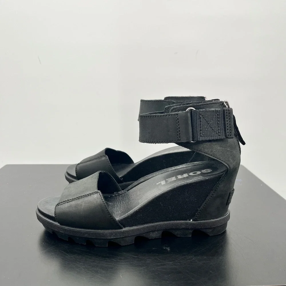 Sorel Joanie II Wedge Sandals Womens 6.5 Black Leather Ankle Strap NL3217-010